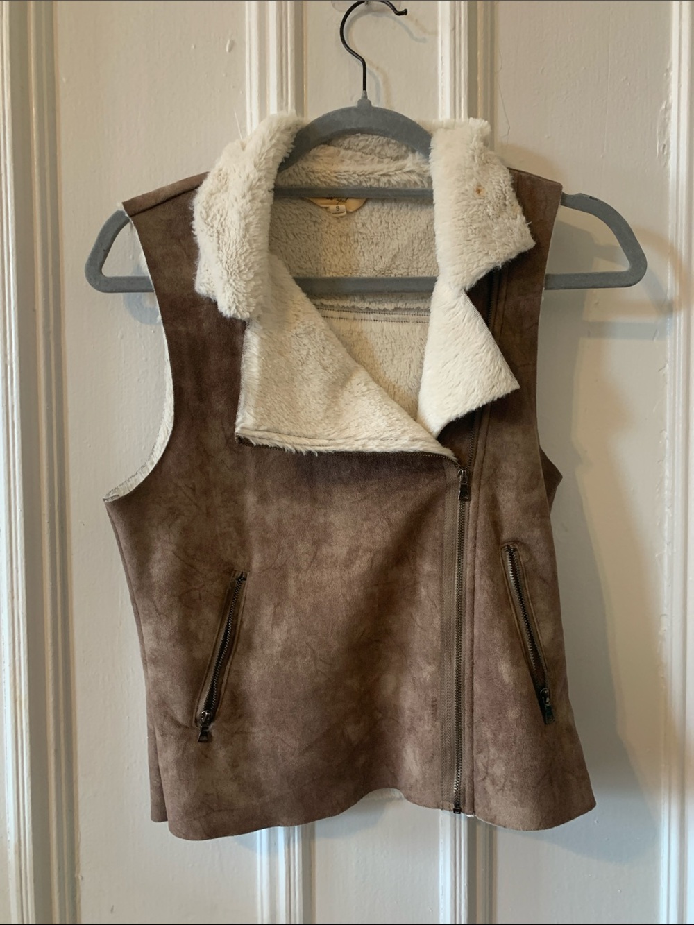 Faux Suede Fur Shearling-Lined Vest in Brown and White